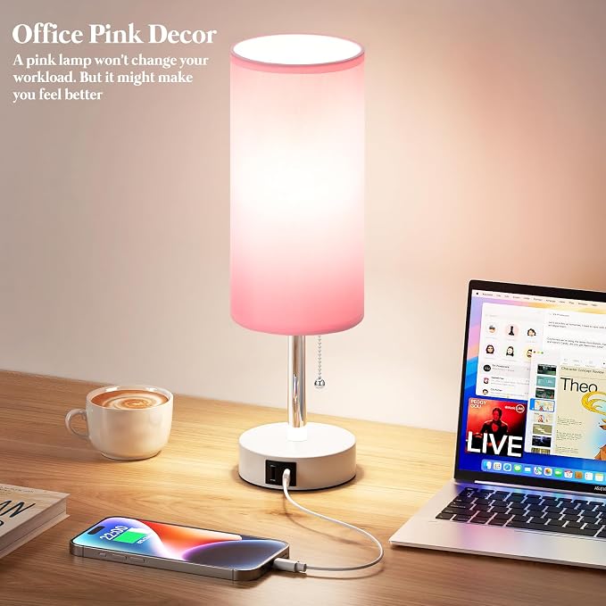 Dicoool Pink Bedside Table Lamp for Bedroom, Small Nightstand Lamp for Girls Kids, 3 Color Temperatures & USB Charging Port, Cute Desk Lamp for Teens Room Decor, Dorm Room Essentials
