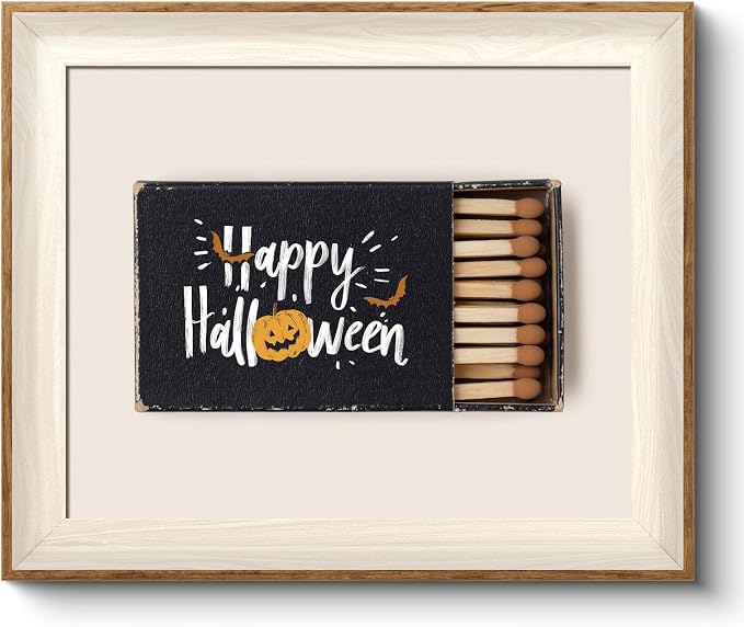 VIYYIEA Framed Wall Art for Living Room, Happy Halloween Matchbox Pumpkin Bats Canvas Painting, Spooky Gothic Aesthetic Creepy Seasonal Home Decor for Bedroom Bathroom, 10×12inch