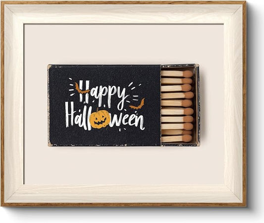 VIYYIEA Framed Wall Art for Living Room, Happy Halloween Matchbox Pumpkin Bats Canvas Painting, Spooky Gothic Aesthetic Creepy Seasonal Home Decor for Bedroom Bathroom, 10×12inch