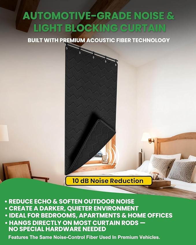 Soundproof Curtain 48" × 78" – Lightweight Automotive-Grade Acoustic Sound Dampening Blanket with Grommets, Hanging Loops & Wall Hooks, Noise Blocking for Windows, Rooms, Offices & Home Studios, Black