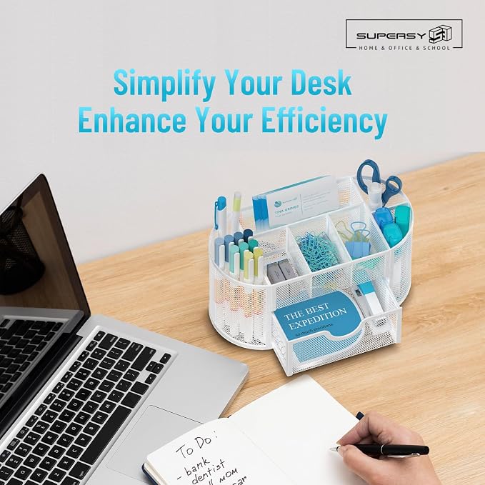 SUPEASY Mesh Desk Organizer, Desk Accessories & Workspace Organizers with Drawers, Pencil Holder for Desk with 9 Compartments for Office Supplies, School, Classroom, 8.6 x 4.3 x 4.1 Inch, White