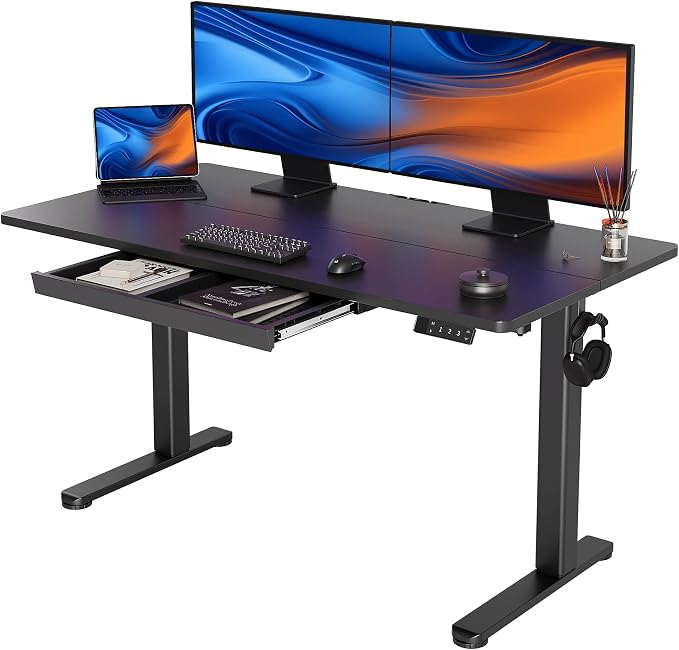 YDN Standing Desk 55 x 24 Inch Electric Height Adjustable with Drawer Black | Industrial steel frame supports 176Lbs, 28.3-46.5 inch height range, 3 memory presets, quiet 45dB motor, wire management
