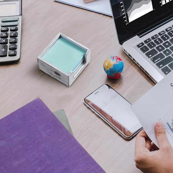 Wood Sticky Note Holder, White Washed 3 x 3 Inch Post It Note Dispenser for Office Desk Accessories, Self Stick Note Pad Holder, Memo Pad Holder Dispenser Organizer for School Office Desk Supplies