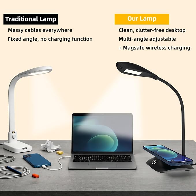 Desk Lamp for Home Office Compatible with MagSafe Wireless Fast Charging, Dimmable 3 Color Modes, 600LM, CRI 85, Adjustable Neck Study Lamps for College Dorm Room, Adapter Not Included, Black