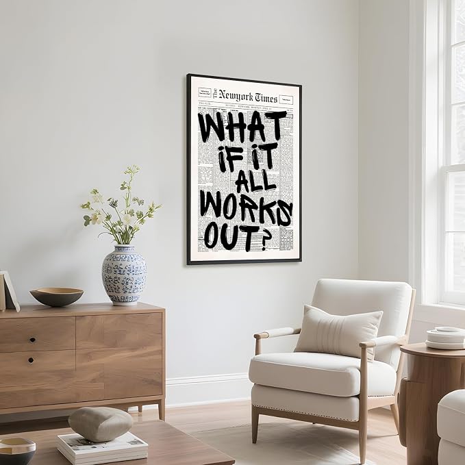Vintage Black And White Newspaper Wall Art What If It All Works Out Canvas Poster Positive Affirming Quote Minimalist Prints Painting for Home Bedroom Living Room Wall Decor 16x24inch Black frame