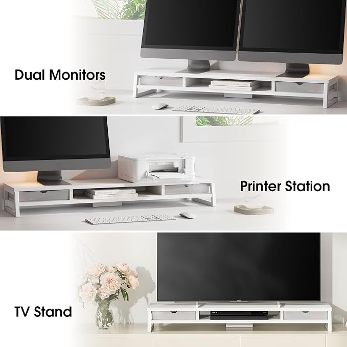 Fenge Dual Monitor Riser with Drwrs, Monitor Stand for Desk, 42.5 Inch Large Computer Monitor Stand for 2 27 Inches Monitors, 2 Tier Wooden Desk Shelf