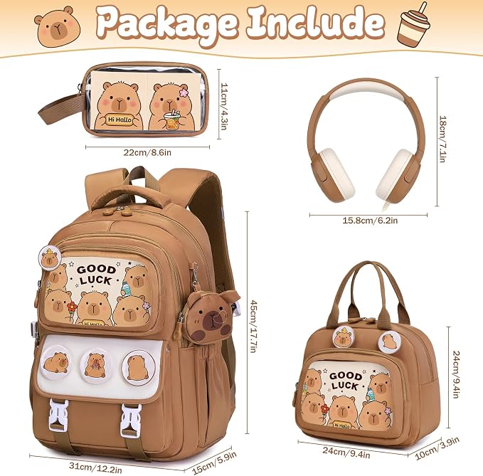 Capybara Backpack for Girls with Headphones - 4PCS Girls Backpack for Kindergarten Elementary Middle High School Travel - 3.5mm Wired Headphones Backpacks Back to School Gift(Brown)
