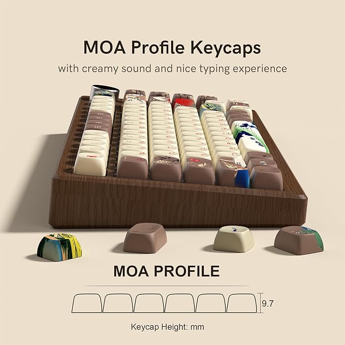 Womier Japanese Keycaps Set 130 Keys MOA Profile for Mechanical Keyboards, Brown Beige Custom PBT Keycaps Set, Dye Sub Side Print, 60 65 75 100 Percent for US Layout Mechanical Keyboard (Fuji)