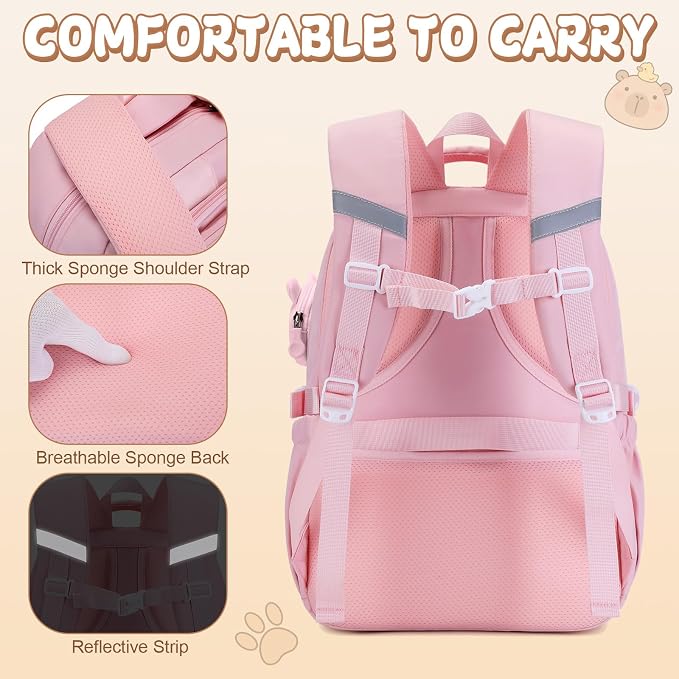 Capybara Backpack for Girls with Headphones - 4PCS Girls Backpack for Kindergarten Elementary Middle High School Travel - 3.5mm Wired Headphones Backpacks Back to School Gift(Pink)