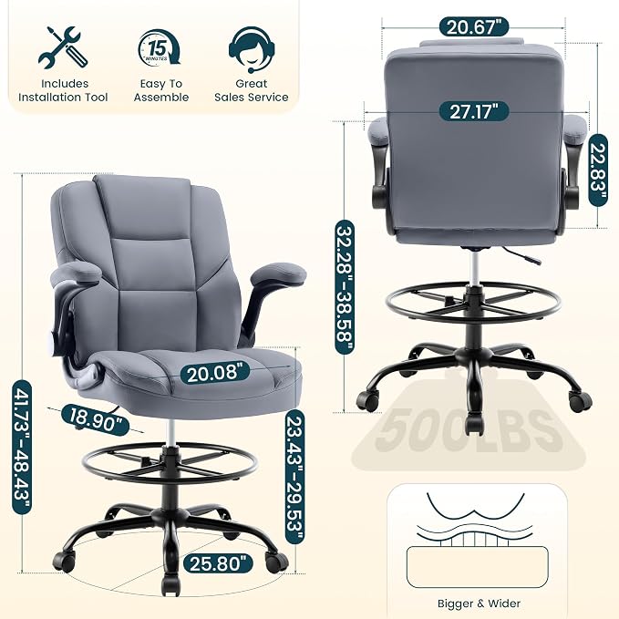Drafting Chair 500Lbs, Tall Office Chair for Standing Desk, High PU Leather Executive Office Chair with Flip-up Armrests, Ergonomic High Chair with Adjustable Foot Ring, Comfy Stool Chairs, Grey