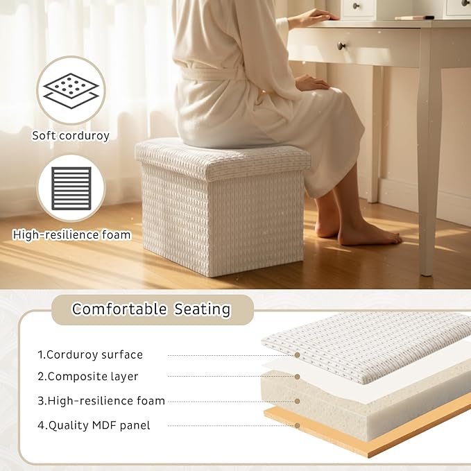 Thyle Storage Ottoman Cube, Small Foldable Footrest Stool for Under Desk Use, Sturdy Corduroy Ottoman with Storage for Snacks, Toys, Living Room, Bedroom, Dorm or Home Office, 16x12x12 Inch(Beige)