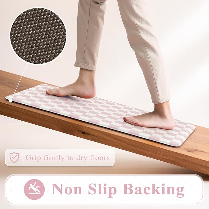 KIMODE Kitchen Anti Fatigue Mats, Light Pink Checkered Home Decor Carpet | Geometric Kitchen Rugs Sets of 2,Padded Kitchen Mats for Floor,Cushioned Rugs for Kithcen Floor Sink Laundry 17"x47"+17"x29"