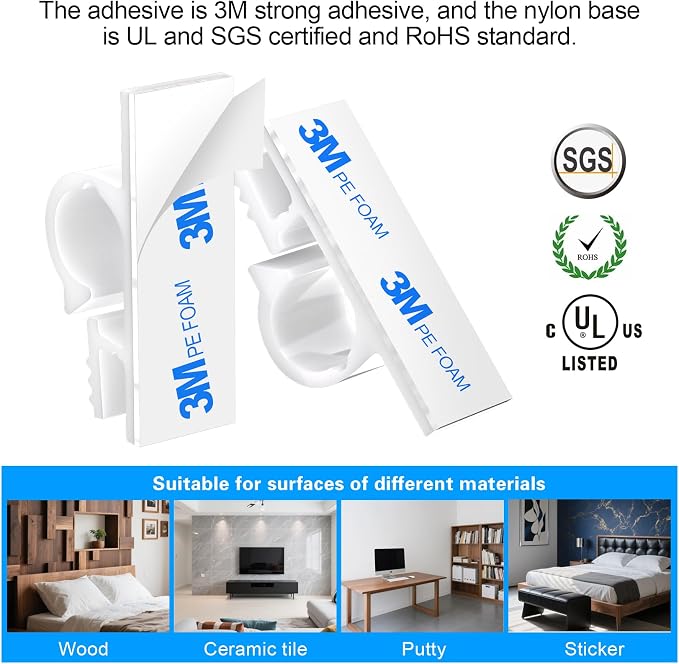 XHF 100pcs Adhesive Cable Wire Clips white, Outdoor Cable Management Wire Organizer Cord Holder for Under Desk, Car, Wall, TV PC Ethernet Cable