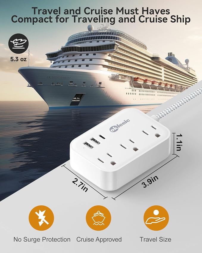 Short Extension Cord 1 ft - Flat Plug Small Power Strip No Surge Protetor with 3 Outlets 3 USB (1 USB C) Charging Ports, Multi Plug Small Outlet Splitter for Cruise Ship Home Office Dorm Room, White