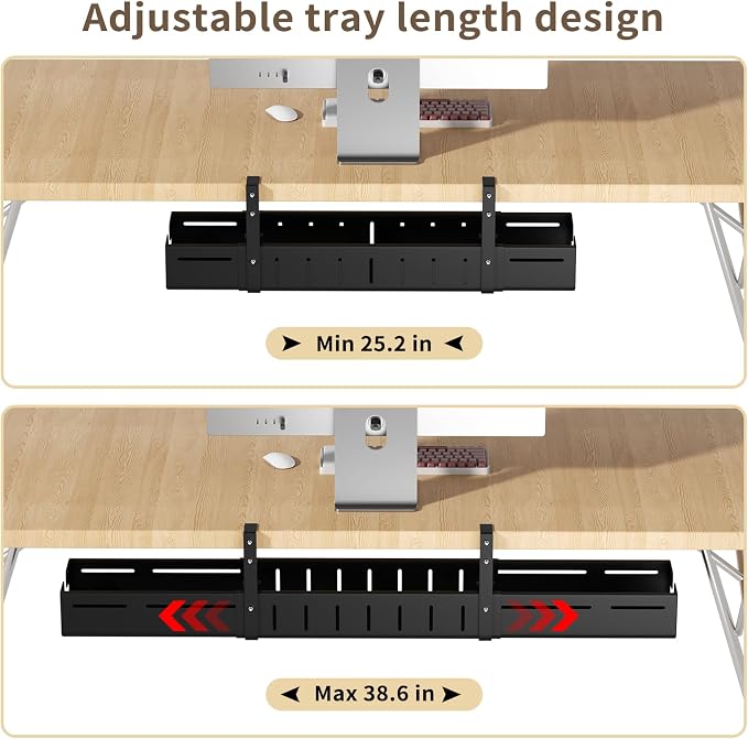 Under Desk Cable Management Tray,Expandable 25.2Inch – 38Inch,Black | Heavy Duty Carbon Steel,Cable Tray with No Drill Clamp Mount,Adjustable Under Desk Cord Management for Office Home,Rustproof