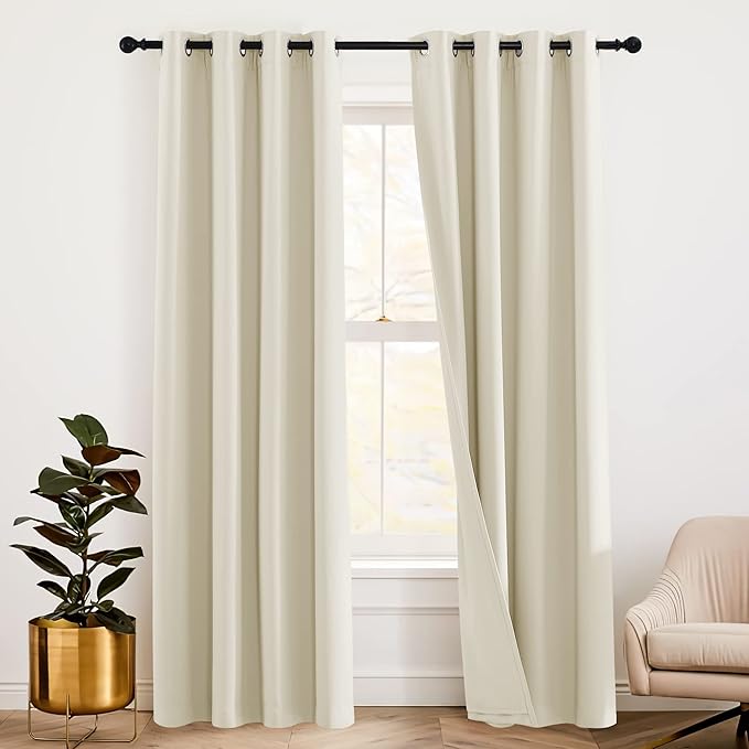 RYB HOME Soundproof Divider Curtains for Living Room Window, 3 Layers Energy Smart Window Drapes Totally Blackout Curtain Shade for Dorm Studio Kids Room, W 52 x L 72 inches, Beige, 2 Pcs