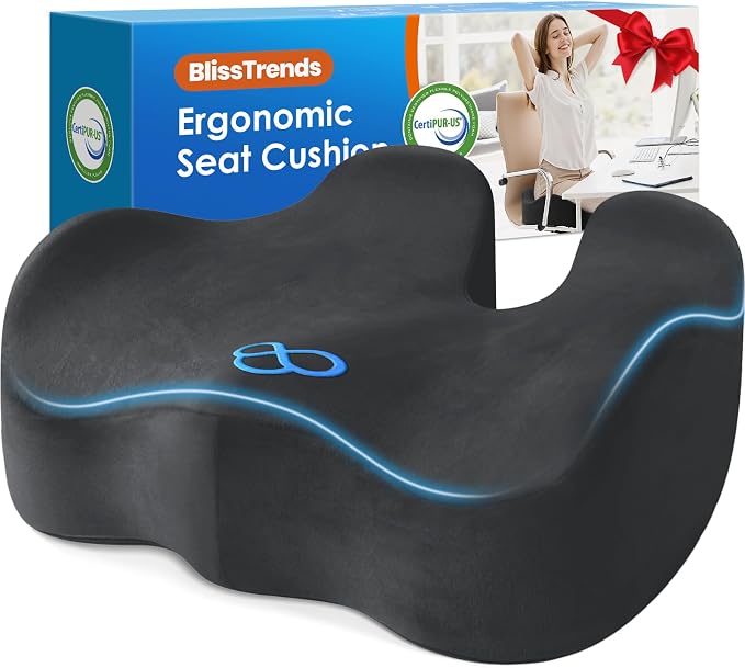 BlissTrends Extra Thick Seat Cushion for Office Chair & Car Seat,Grey | Tailbone & Sciatica Relief, Ergonomic Support, High-Density Memory Foam, Comfort for Extended Sitting