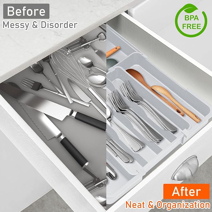 Silverware Drawer Organizer Tray, Adjustable Cutlery Storage for Kitchen, Expandable Flatware and Utensil Holder Divider for Spoons Forks Knives Tableware, 15 x 19, 4-7 Slots, Gray