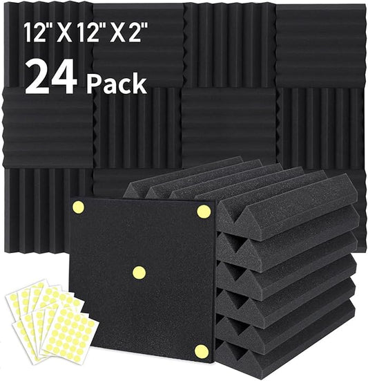 Focusound 24 Packs Acoustic Foam Panels 2" X 12" X 12", Soundproofing Foam Noise Cancelling Foam with 120 PCS Double-Side adhesive
