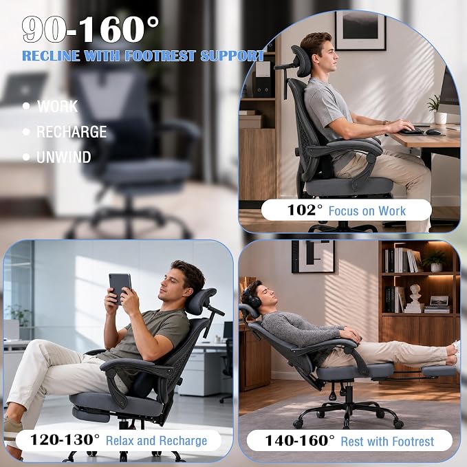 Ergonomic Office Desk Chair with Footrest - Adjustable Lumbar Support & 3D Headrest, 90-160° Reclining Mesh High-Back Rolling Work Swivel Computer Chair - Home Office/Gaming, 400lbs Capacity