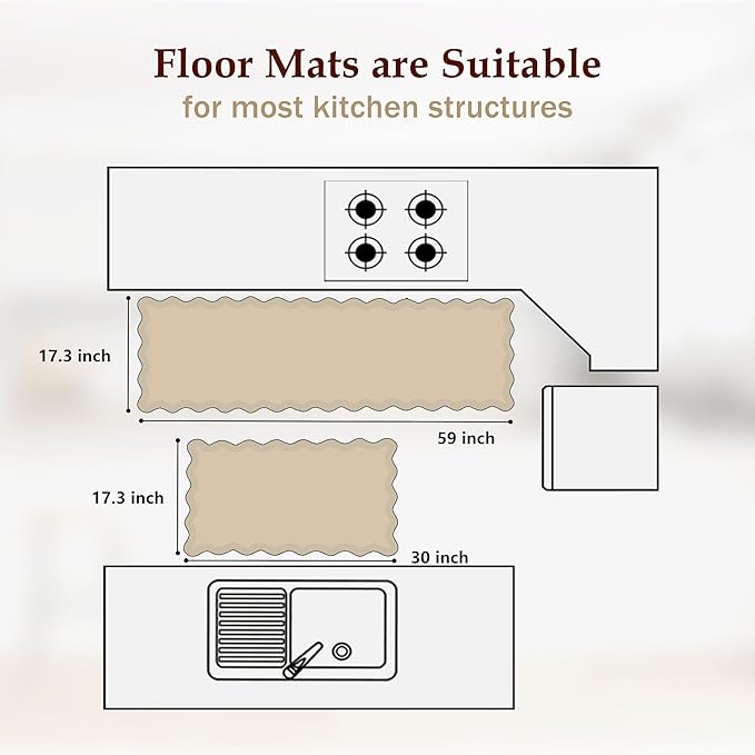 Scalloped Black Kitchen Mats for Floor 2PC Cushioned Anti Fatigue Kitchen Mats Rugs Waterproof Non Slip Boho Floral Comfort Foam Standing Mat for Sink Laundry,17.3x30+17.3x59