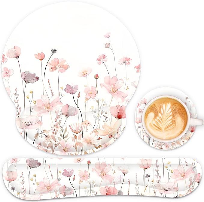 Ergonomic Mouse Pad with Wrist Rest and Keyboard Wrist Rest, Mousepad and Wrist Rest for Computer Keyboard, Non-Slip Rubber Base, Mouse Pad Wrist Support for Gaming, Office, Pink Watercolor Flower