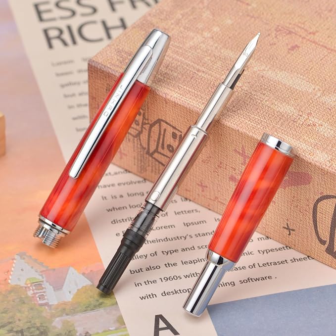 Jinhao 10 Press Fountain Pen with Box, Volcanic Red Retractable Fine Nib with Ink Converter Set (Silver Clip)