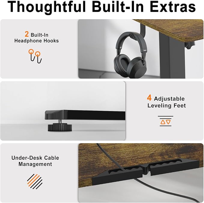 Electric Standing Desk, 40x24 Inches Sit Stand up Desk with 3 Memory Presets & Child Lock, Silent Motor, Heavy Duty Steel Frame, Dual Hooks, for Computer Workstation,Dark Walnut