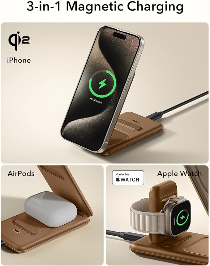 ESR 3 in 1 Charging Station for Apple, Certified Apple Watch Charger, 15W MagSafe Charger Stand for iPhone, Travel Charger for iPhone 17/16/15/14/13, Watch, AirPods,Brown