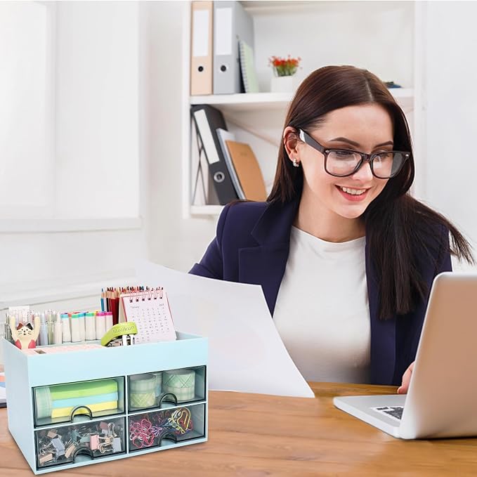 Meiikun Desk Organizer, Office Organizer with Drawer, Desk Accessories & Workspace Organizers, Pen Holder Office Supplies for Desk (4 Drawers+4 Compartments, Blue)