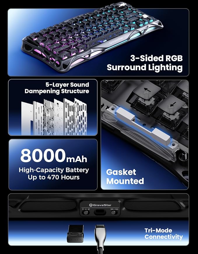GravaStar Mercury K1 75% Wireless Gaming Keyboard, Aluminum Alloy Mechanical Keyboard with Knob, Hot Swappable, Linear Switches, Transparent Keycaps, RGB Backlit, 2.4GHz/BT5.0/USB【Stealth Black】