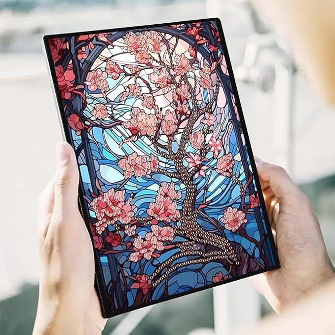 FRANDEK Pearl Painting Notebook Kit, Red Flower Tree A5 DIY Journal with 50 Blank Pages, Diamond Gem Art Cover with Waterproof Canvas, Beginner Craft Set with Full Tools for Adults