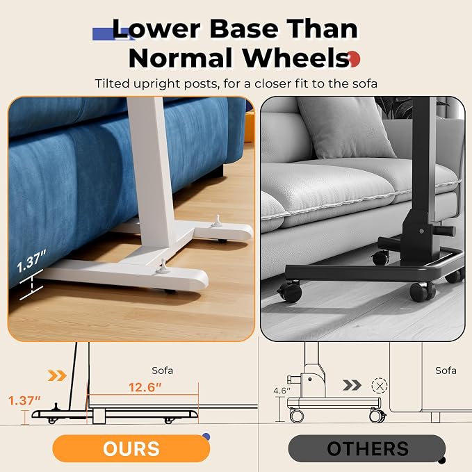 JOY worker Low Height Small Mobile Standing Desk for Couch, Height Adjustable TV Tray Table with 90° Foldable MDF Desktop, Portable Laptop Desk with Low Base & Lockable Hidden Casters, White