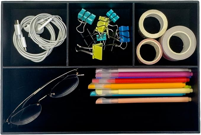 UnionBasic Flat 4-Slot Leather Desk Drawer Tray Stationery Sundries Gadget Organizer Storage Box Pen Pencil Holder Case Container (Black)