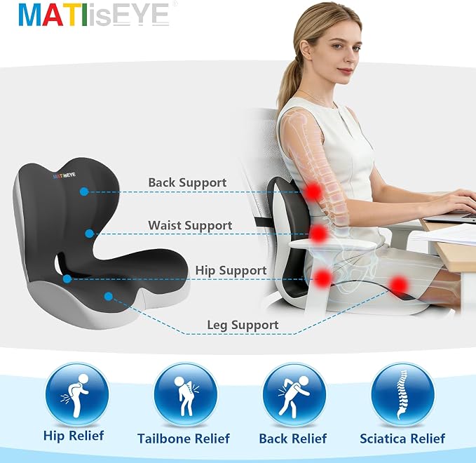 Ergonomic Memory Foam Seat Cushion with Strap for Office Chair, Double Grey | Contoured coccyx cutout supports back and butt, with a non-slip base and washable cover for office chairs and cars.