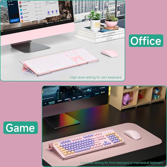 Ergonomic Computer Keyboard Stand - Adjustable Keyboard Riser Tilt Clear and Glitter Rose Gold Acrylic Keyboard Tray Non-Slip Elevated Typing Key Board Holder Lift for Office Desk Accessories