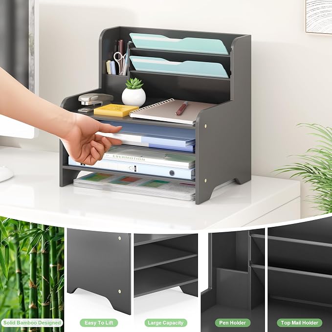 Bamboo File Organizer for Desk, Desktop Paper Tray and Mail Holder | Three open tiers keep A4/letter paper, folders, bills and mail sorted, visible and easy to reach while saving desk space