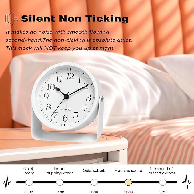 Analog Alarm Clock - 4.5" Silent Non Ticking Small Clock with Light, Rotatable Stand Metal Desk Clock Battery Operated, Simple Design for Living Room Decor/ Bedroom/Bedside/Shelf (White-Arabic)