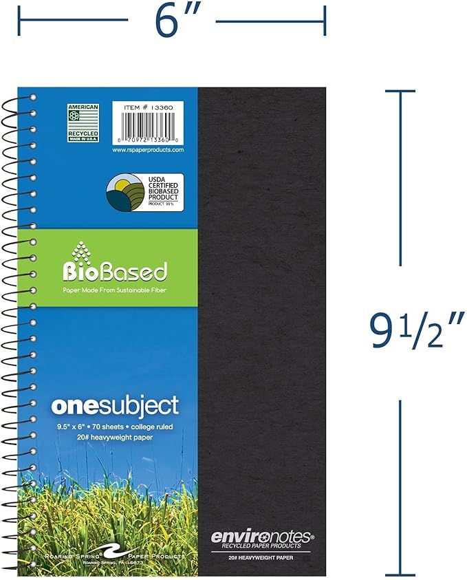 Roaring Spring Environotes Biobased Notebook, USDA Biopreferred, 9.5" x 6", 70 Sheets, Heavyweight 20 lb. recycled paper, College Ruled, Assorted Colors (Case of 24)