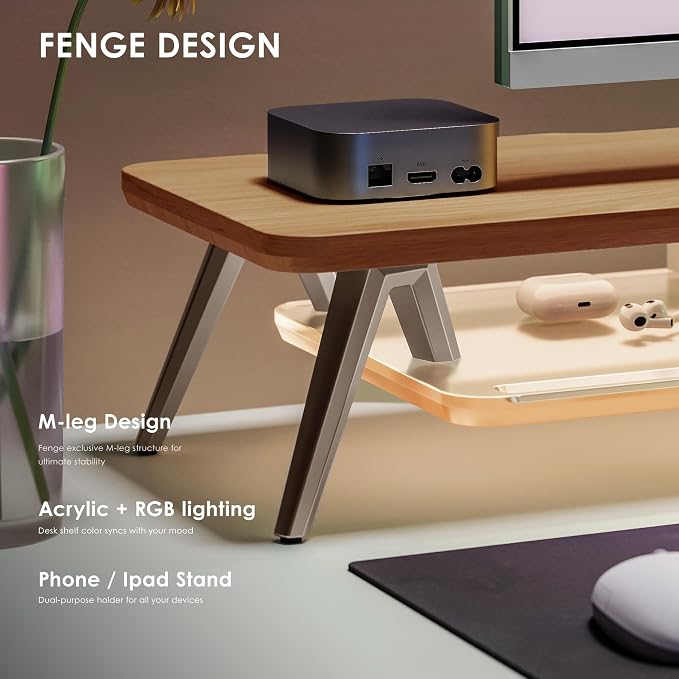 Fenge 42.5 Inch Monitor Stand with LED Lights, Dual Monitor Riser with Acrylic Shelf & Aluminum Legs, Desk Monitor Shelf for Home Office & Gaming, Dark Oak