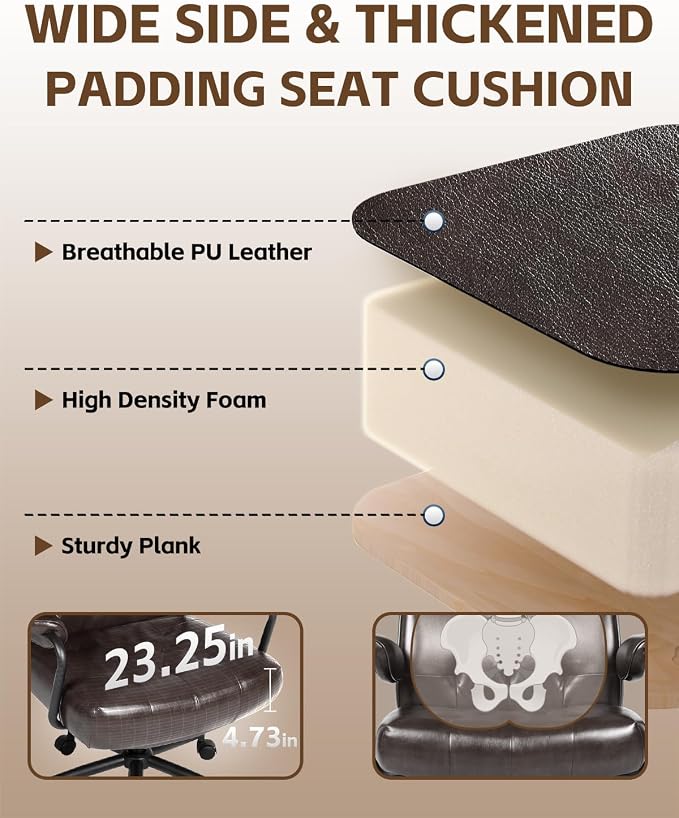 Mid Century Modern Home Office Desk Chair, Ergonomic Office Chair Big and Tall, High Back Executive Office Chair Leather Extra Wide, Computer Chair Comfy, Adjustable Height Rolling Chair,Chocolate 2PC