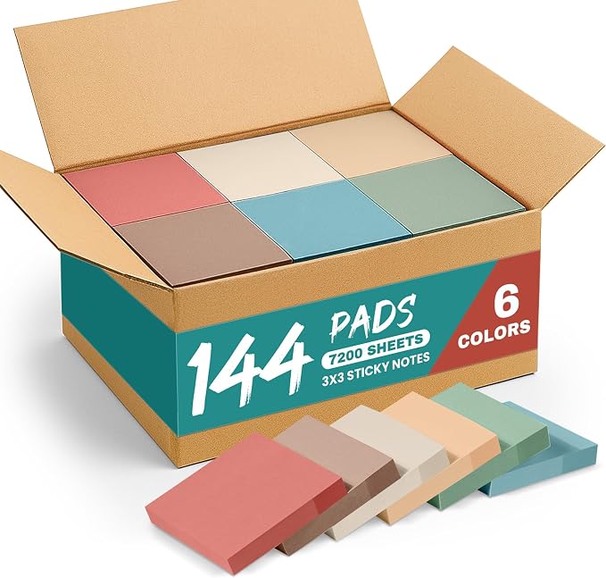 Sticky Notes, 3x3 Inch, 144 Pad, Aesthetic Self-Stick Note for Office, School and Home, Ideal for Planning, Notes and Organization, Vintage Colors