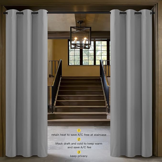 NICETOWN Sliding Door Curtains 96 inch Length, Single Curtain, Insulating Thermal Blackout Curtains for Bedroom Window Bathroom Doorway Front Door (1 Panel, 5ft Wide x 8ft Long, Silver Grey)