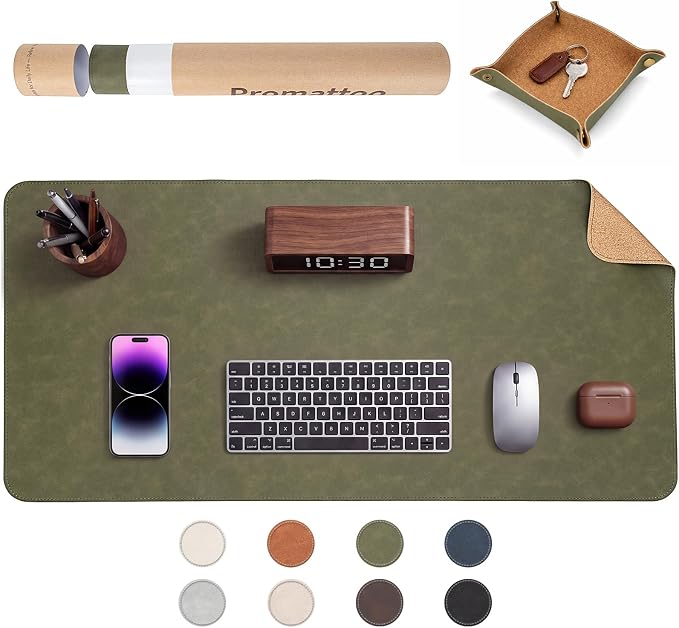 Premium Faux Leather Desk Mat & Tray Set，Innovative Cork-Look Printed Base，Gift Tube Packaging，Full-Desk Coverage，Non-Slip Desk Pad for Office Home（Olive Green）