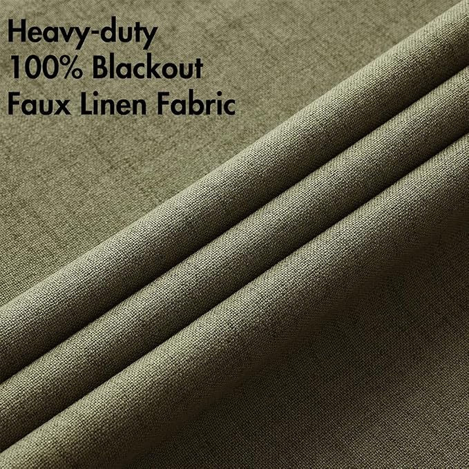 MIULEE Linen Texture Curtains for Bedroom Solid 100% Blackout Thermal Insulated Light Olive Green Curtains Grommet Room Darkening Drapes for Living Room 52x45 Inch (2 Panels)