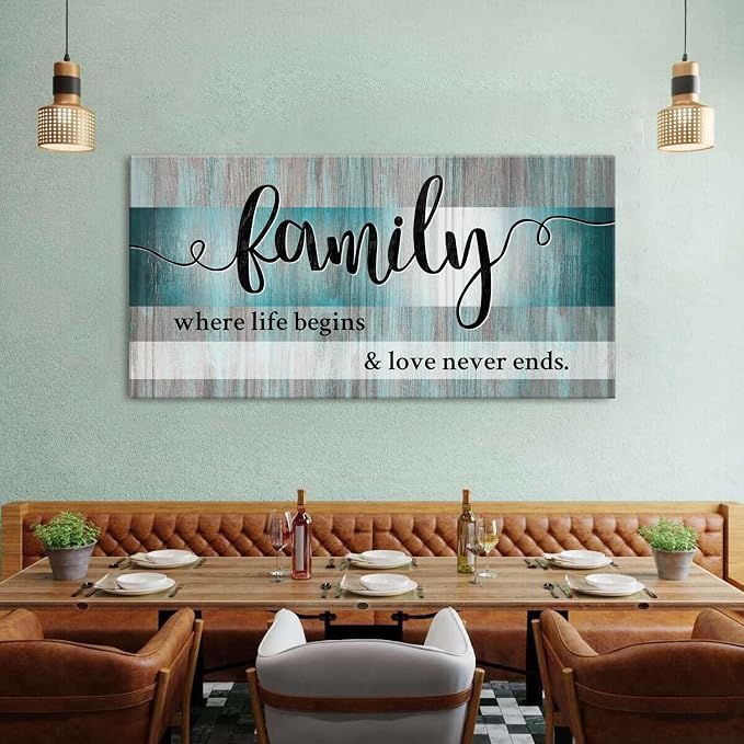 AIYISU Teal Family Wall Art Family Signs for Home Decor Wall Inspirational Quotes Picture Farmhouse Kitchen Dining Room Decor Turquoise Family Canvas Painting Bedroom Living Room Decoration 30x60