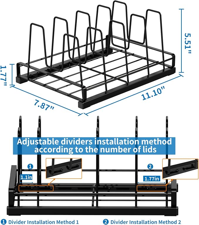 Small Food Container Lid Organizer with Adjustable 5 Dividers Black | Full Metal Pot and Pan Organizer Rack for Home Kitchen Cabinets, Drawers, Cupboards, Pantry Shelves Storage