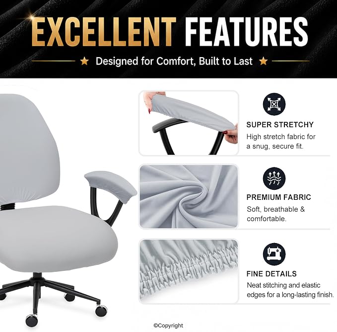 Separate Split Office Chair Seat Covers with Armrest Covers - Universal Stretch Computer Chair Slipcover - Washable Rotating Backrest Coverings & Cushion Protectors for Dogs, Cats, Pets