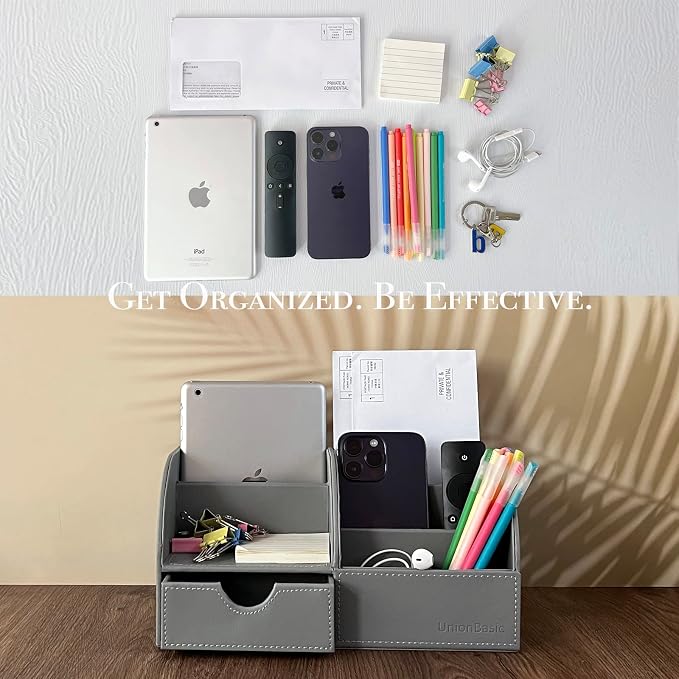 UnionBasic Desk Organizer - Multifunctional Leather Desktop Pen Holder Storage Box - Business Card/Pen/Pencil/Mobile Phone/Stationery Holder, Grey | Pen Holder Storage Box, Business Card/Pen/Pencil Holder, Mobile Phone Holder, Stationery Holder