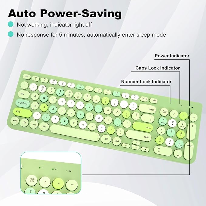 Wireless Keyboard and Mouse Combo, Retro Typewriter Keyboard with Round Keycaps, 2.4GHz USB Cute Wireless Keyboard Mouse for Computer, Desktop, Laptop (Green Colorful)